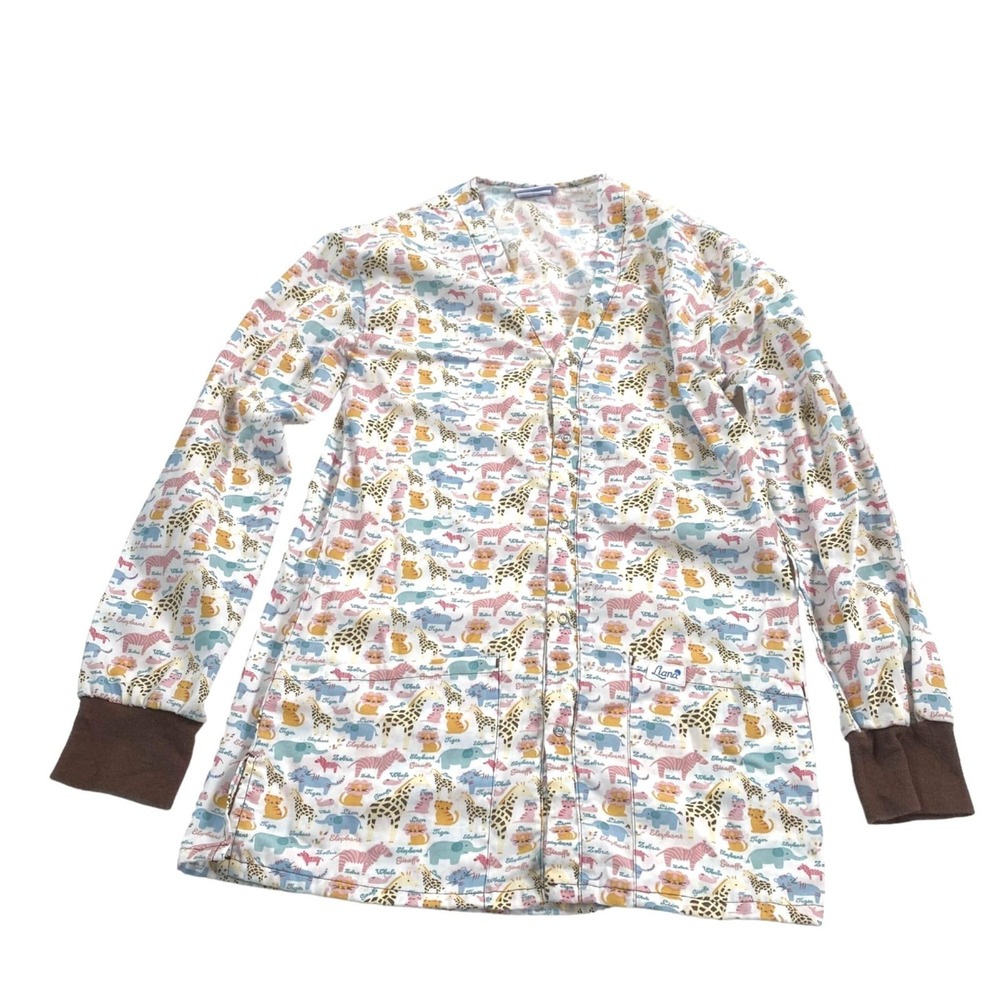 Liana XS Scrub Top LS Elephants‎ Tigers Lions Zebras Pink Blue White